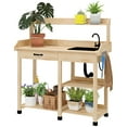 thumbnail image 2 of Outsunny Potting Bench Table, Includes Removable Outdoor Sink Station with Hose Hook Up, Wooden Work Station with Faucet, Drawer, Natural Wood, 2 of 9
