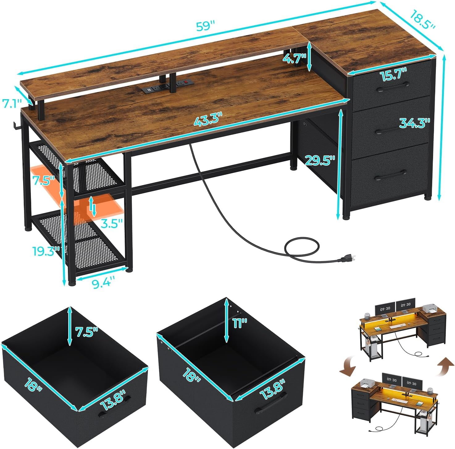59" Office Desk with Drawers, Reversible Computer Desk with File Drawers & Storage, Gaming Desk with LED Lights & Power Outlet, Home Office Desks for Printer, Rustic Brown