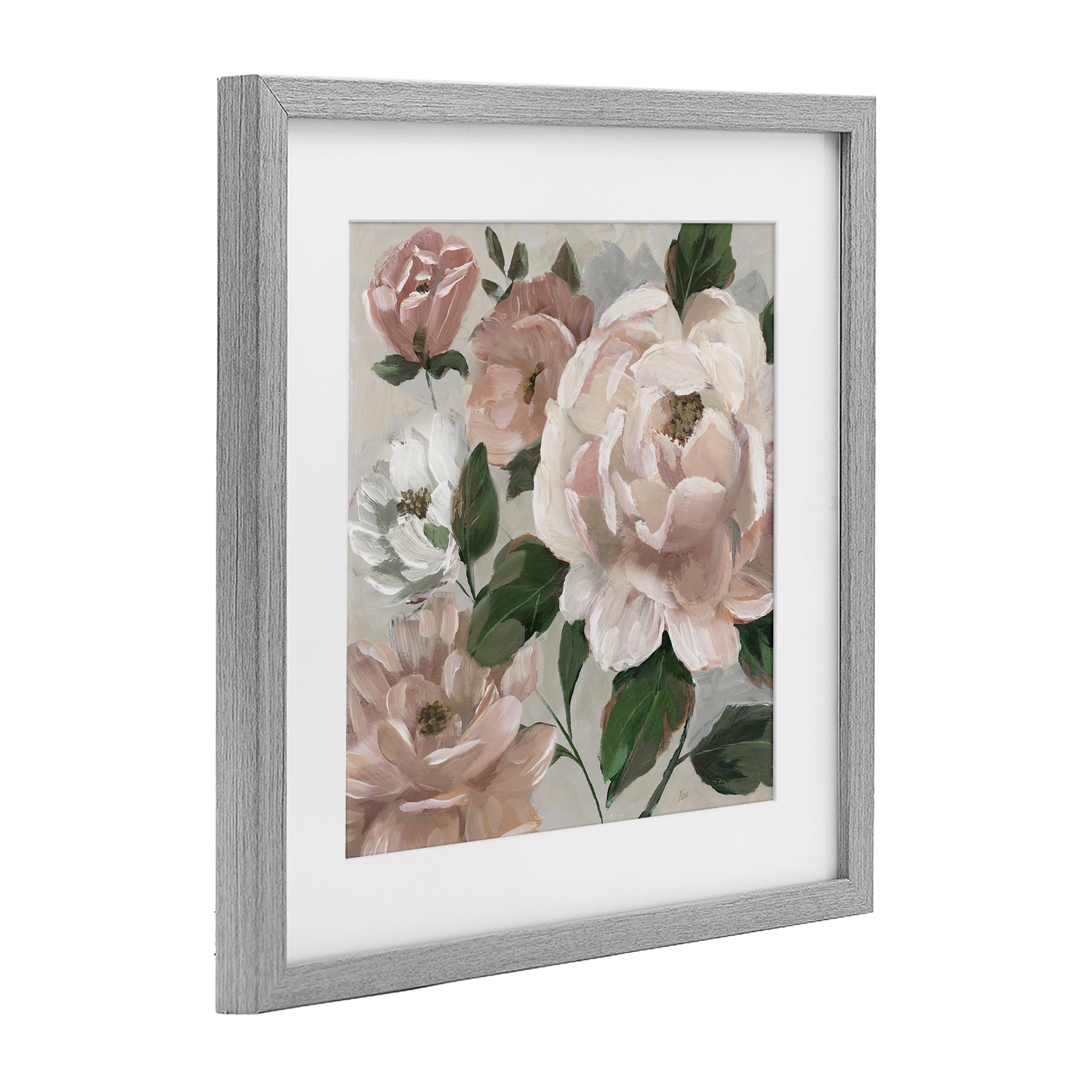 Stupell Industries Delicate Blush Peonies with Leaves Gray Framed Print Under Glass, design by Nan