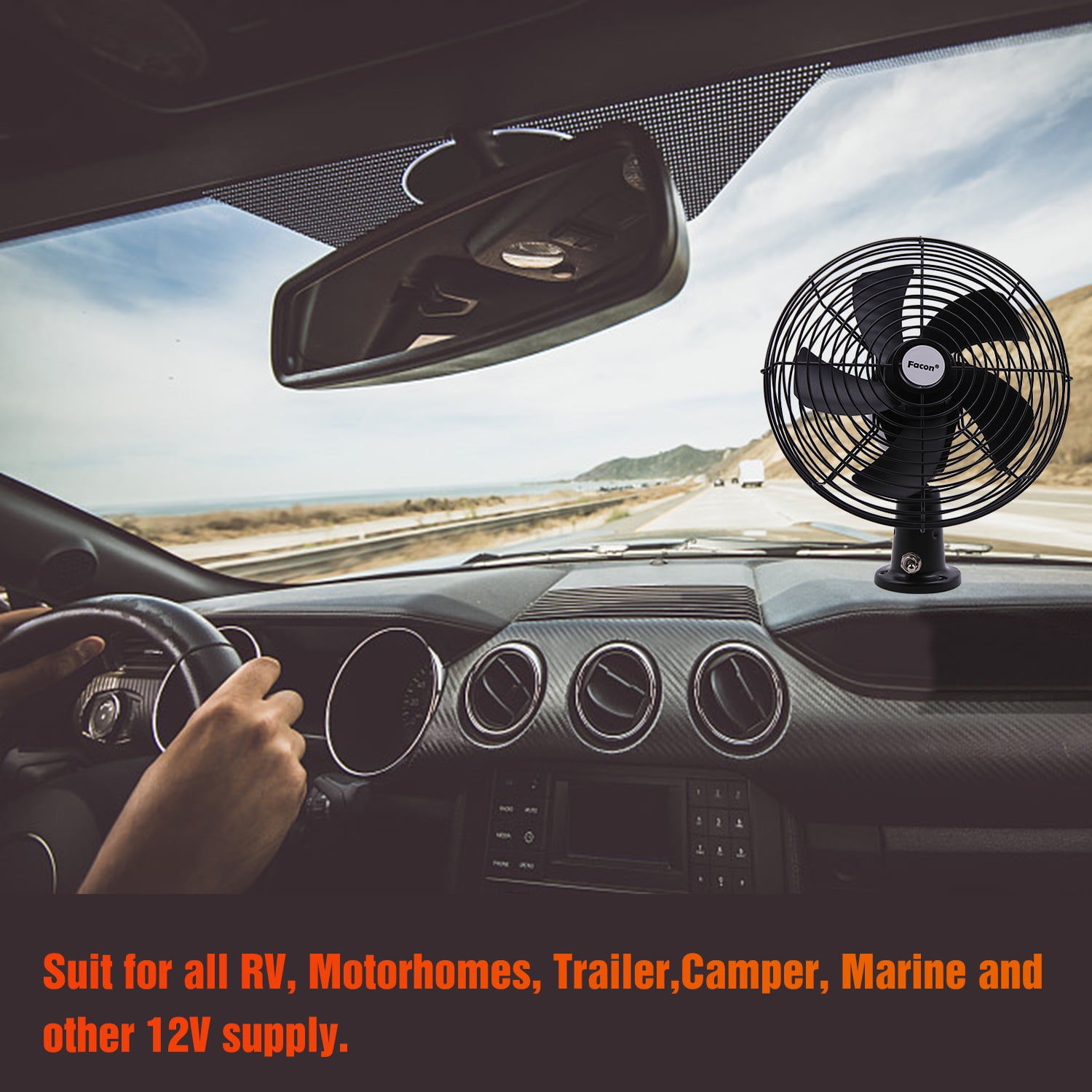 Facon 12V RV Cooling Fan with 2 Speed Switch, Dia: 8-3/4’’, Heavy Duty Black Metal Car Fan, for Auto Truck, RV, Camper, Trailer, Car, Buses and Boats ( Pack of 2 )
