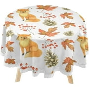 SKYSONIC Autumn Fall Leaves Round Tablecloth 60inch Indoor Wrinkle Free, Cute Cartoon Fox Circular Lace Table Cover Washable for Kitchen Party BBQ Dining Decor