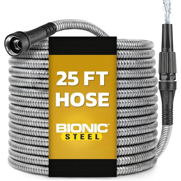 BIONIC STEEL 25 Ft Metal Garden Hose with Sprayer Nozzle, Non Kinking Designed Stainless Steel Heavy Duty Water Hose 100 Ft x 5/8 in. Flexible NON Expandable for Uninterrupted Water Flow, 500 PSI