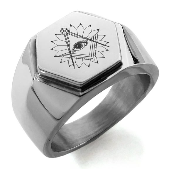 Stainless Steel Freemasons Masonic Lotus All Seeing Eye Engraved Hexagon Crest Flat Top Biker Style Polished Ring