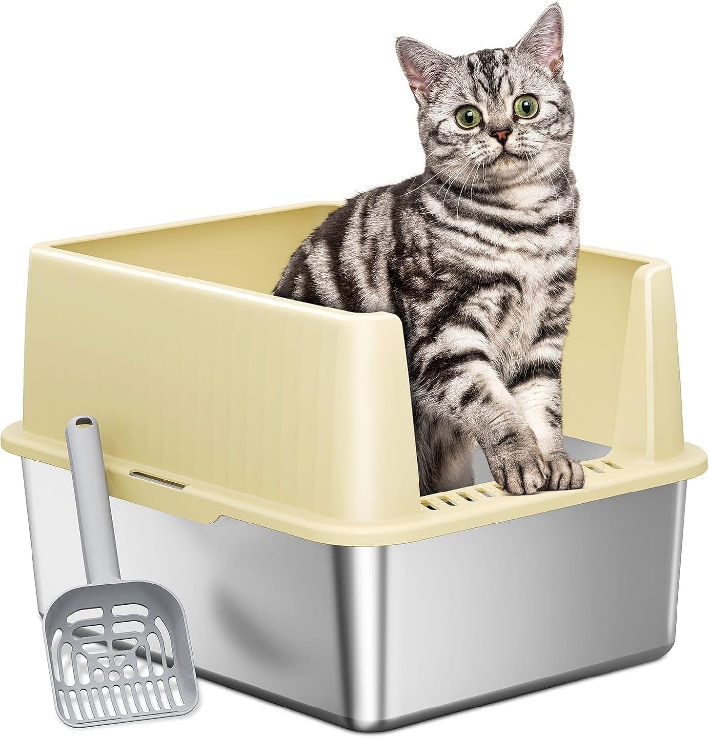 Stainless Steel Litter Box, Large Cat Litter Box, 24”L x 16”W x 12”H, XL Metal Cat Litter Box for Big Cats with High Sided Enclosure, Non-Sticky, Easy Cleaning, Anti-Leakage