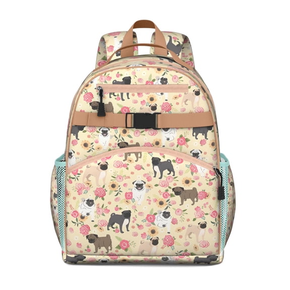 Pugs and Flowers Backpack for School,Cute School Bag,Schoolbag with Adjustable Shoulder Straps & Padded Back,15.25"x11.5"x5.25"