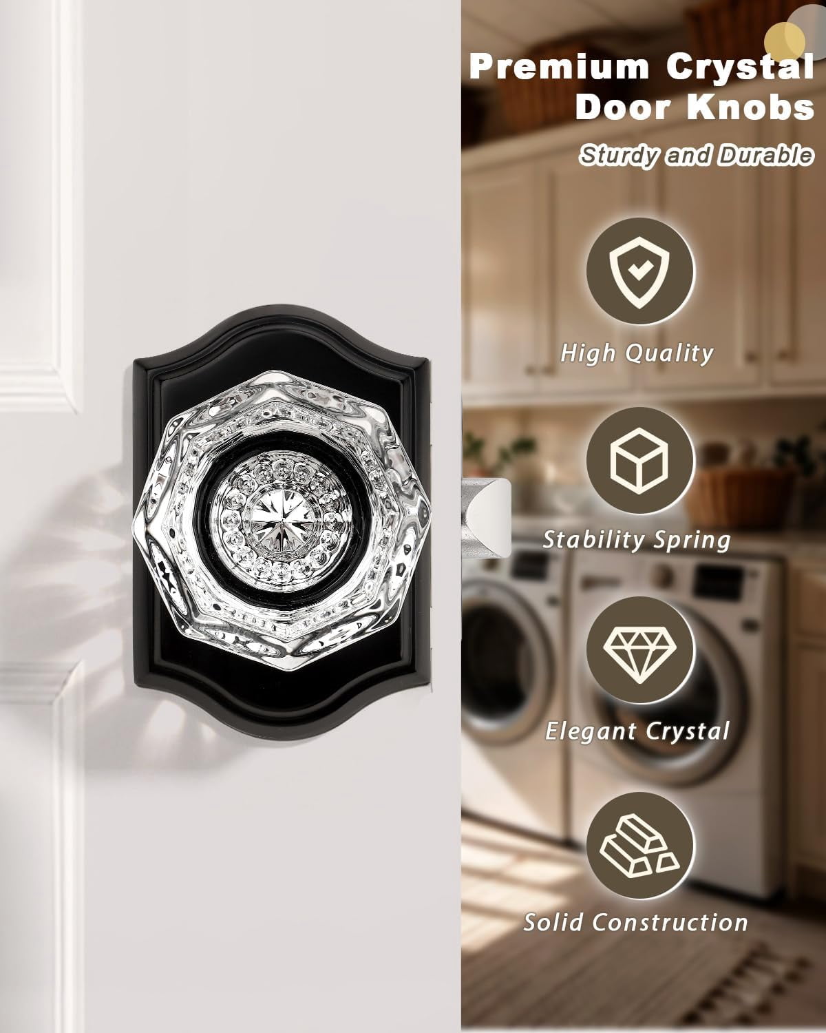 5 Pack Clear Crystal Door Knobs,Diamond Glass Passage Door Handles Locks for Closet Hallway,Keyless Interior Door Knob with Matte Black Rosette
