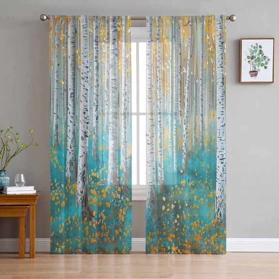 Teal Yellow Oil Painting Sheer Curtains 108 Inch Length 2 Panels Set for Living Room/Bedroom, Contemporary Abstract Art Curtain Sheers Drapes Rod Pocket Curtains Window Treatment Set 52''x108''x2