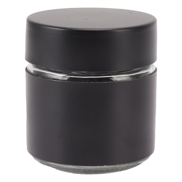 contenedor de café de vidrio de acero inoxidable recipiente de almacenamiento de alimentos de cocina hermética para cocinas para el hogar bote de café Tebru, tarro cilíndrico frontal con cuerpo de vidrio envuelto en funda negra mate y tapa negra hermética, base de vidrio visible; aprox. 60 x 58 mm, 208 g, mantiene alimentos secos frescos y suele usarse también para especias o muestras pequeñas.