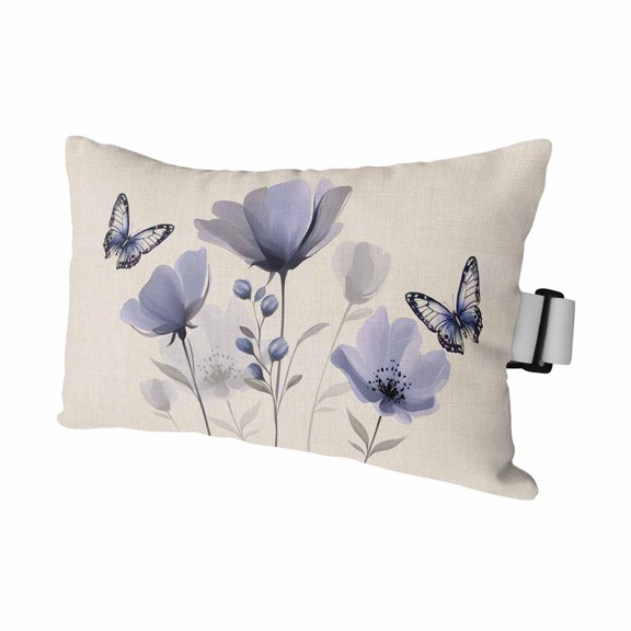 1PCS Outdoor Pillow for Chaise Lounge Chair Watercolor Purple Flowers Butterfly Waterproof Headrest Cushion with Insert Blossom on Vintage Linen Adjustable Lumbar Pillow for Beach Patio,11x16in
