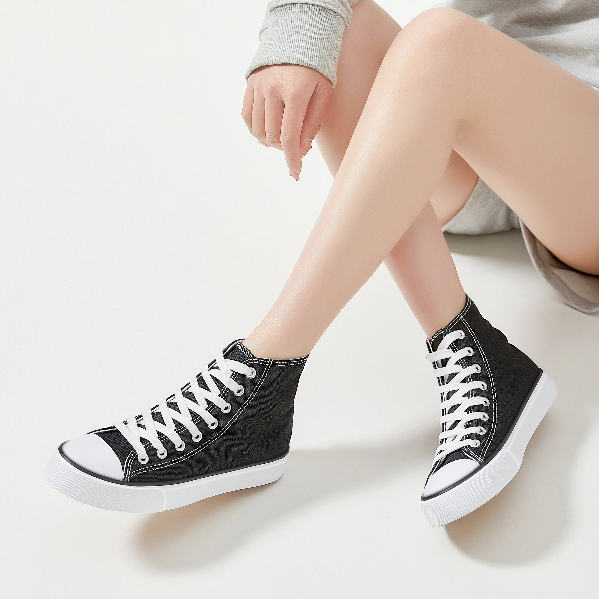 AOMAIS Womens High Top Canvas Sneakers Lace Up Mid Top Canvas Shoes Comfortable Non Slip Walking Shoes Casual Tennis Shoes for Women(Black US7)