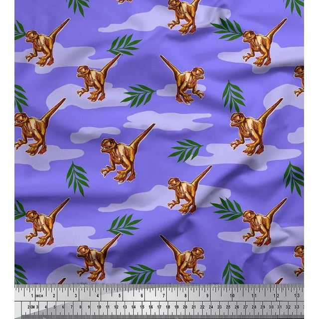 Soimoi Poly Georgette Fabric Leaves & Dinosaur Jungle Fabric Prints By Yard 52 Inch Wide