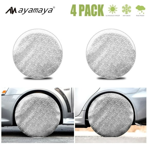 Waterproof Tire Cover AYAMAYA RV Tire Covers Set of 4 Wheel Covers for Trailers Truck SUV RV with Band Hook, Aluminum Fit 26" to 28" Silver White