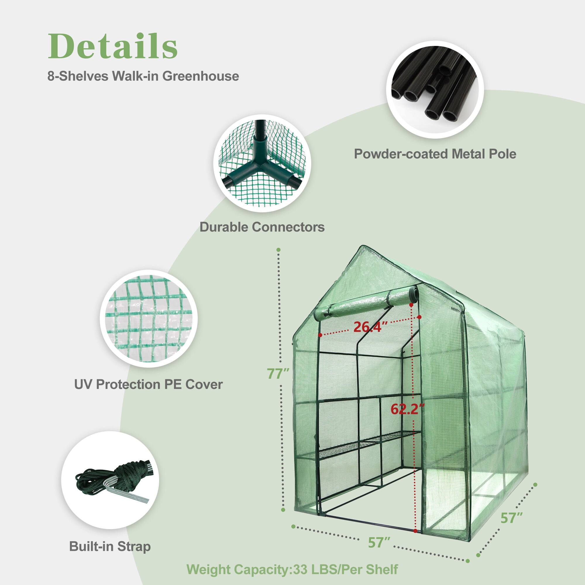 ZenSports 2-Tier 8-Shelves Walk-in Greenhouse, Indoor Outdoor Portable Plant Gardening Canopy, W/ Roll-up Zipper Entry Door, 57" x 57"x 77", Green