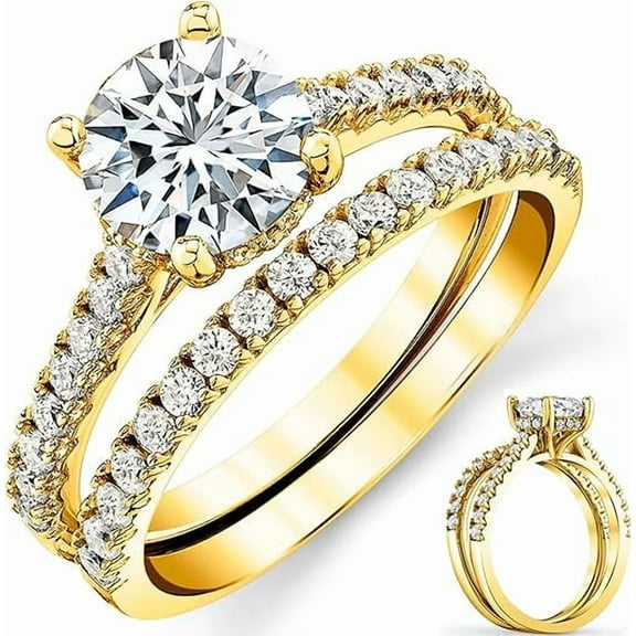 2 Carat Round-Cut Moissanite Under Halo Bridal Set Engagement Wedding Ring 14K Yellow Gold over 925 Silver