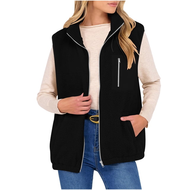 Plebaso Veste Sans Manches pour Femmes à Fermeture Éclair, Col Montant, Veste Duveteuse en Molleton pour Femmes avec Poches