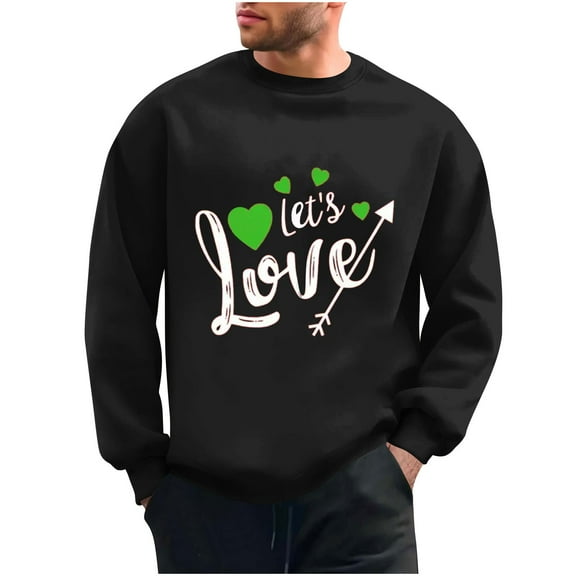 WREESH Mens Crewneck Sweatshirts Graphic Valentine's Day Love Printed Crewneck Sweatshirts Casual Pullover Black