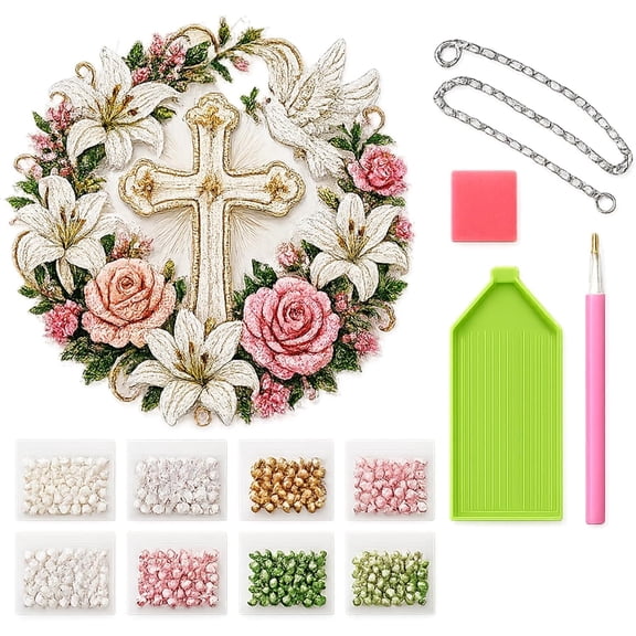 Cross, Flowers & Peace Dove Diamond Art Hanging Ornament Kit, Handmade DIY Cross Flowers Pendant Diamonds Painting Art Kit for Home Wall Decor, Christian Crystal Rhinestone Mosaic Craft Kit