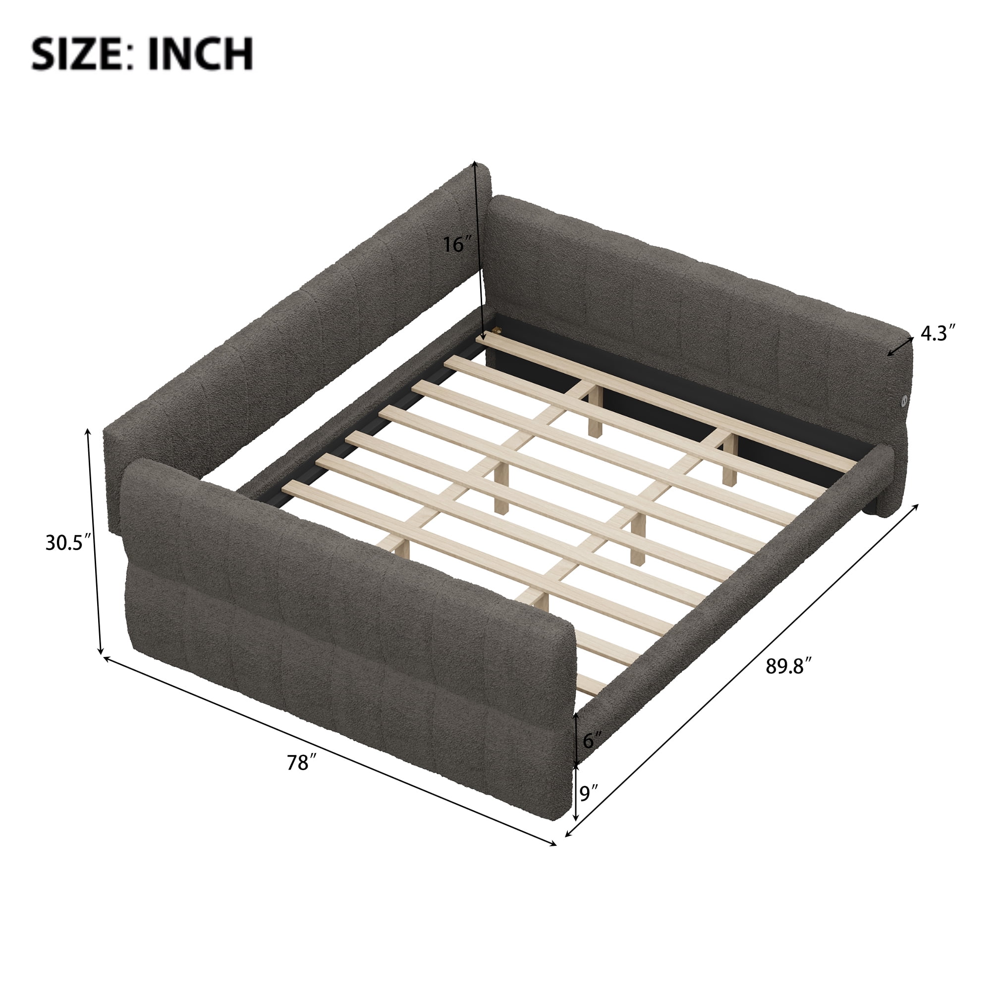 Euroco Upholstered King Size Platform Bed with USB Ports, Gray