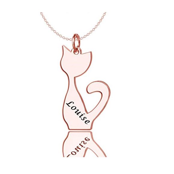 FUJIN 925 Sterling Silver Cat Charm Name Pendant Necklace Customized Any Name 16"-18" Chain (Rose Gold)