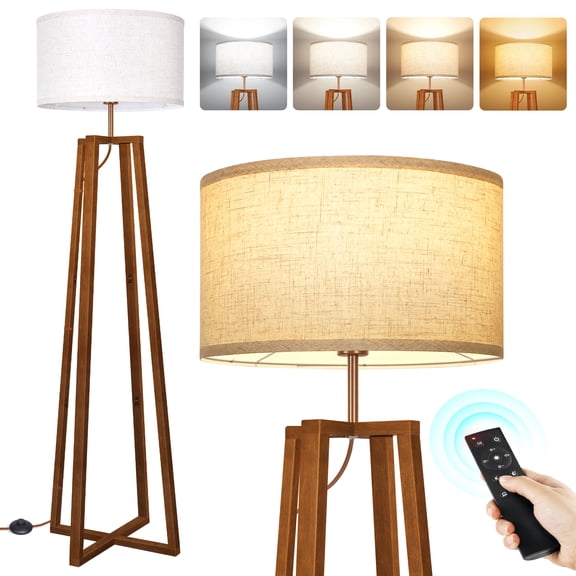OUTON Wood Tripod Floor Lamp with Shelves, Dimmable Standing Lamps with Remote Control, Modern Shelf Floor Lamp for Living Room, Bedroom, Office, LED Bulbs Included