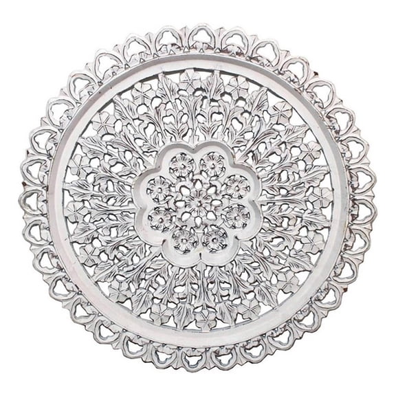 35 Inch Hanging Wall Art Decor, Round, 3D Carved, Rustic White Finish
