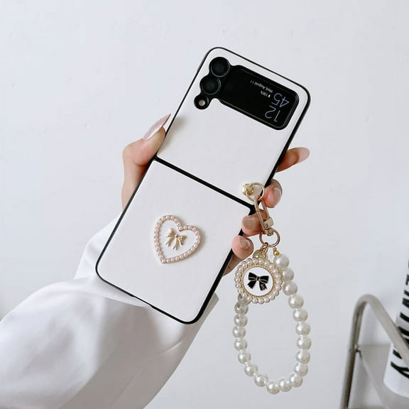 Leather Case Compatible with Samsung Galaxy Z Flip 3 with Pearl Chain Shookproof Cute Case for Women Girls-White