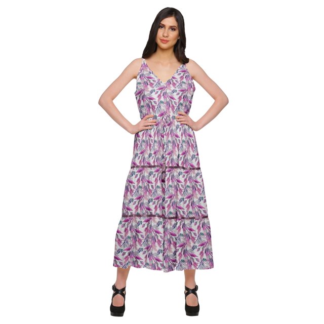 Moomaya Robe Longue Maxi pour Femmes en Coton Imprimé à Bretelles Spaghetti et Col en V
