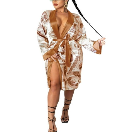 

Loalirando Women s Dollars Money Print Short Silky Robes Kimono Bridesmaid Bride Party Satin Robes Sleepwear