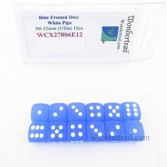 Blue Frosted Dice with White Pips 12mm (1/2in) D6 Set of 12 Wondertrail