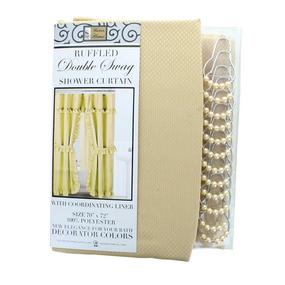 Sand Ruffled Double Swag Shower Curtain & Liner 70" x 72" with 12 Roller Rings