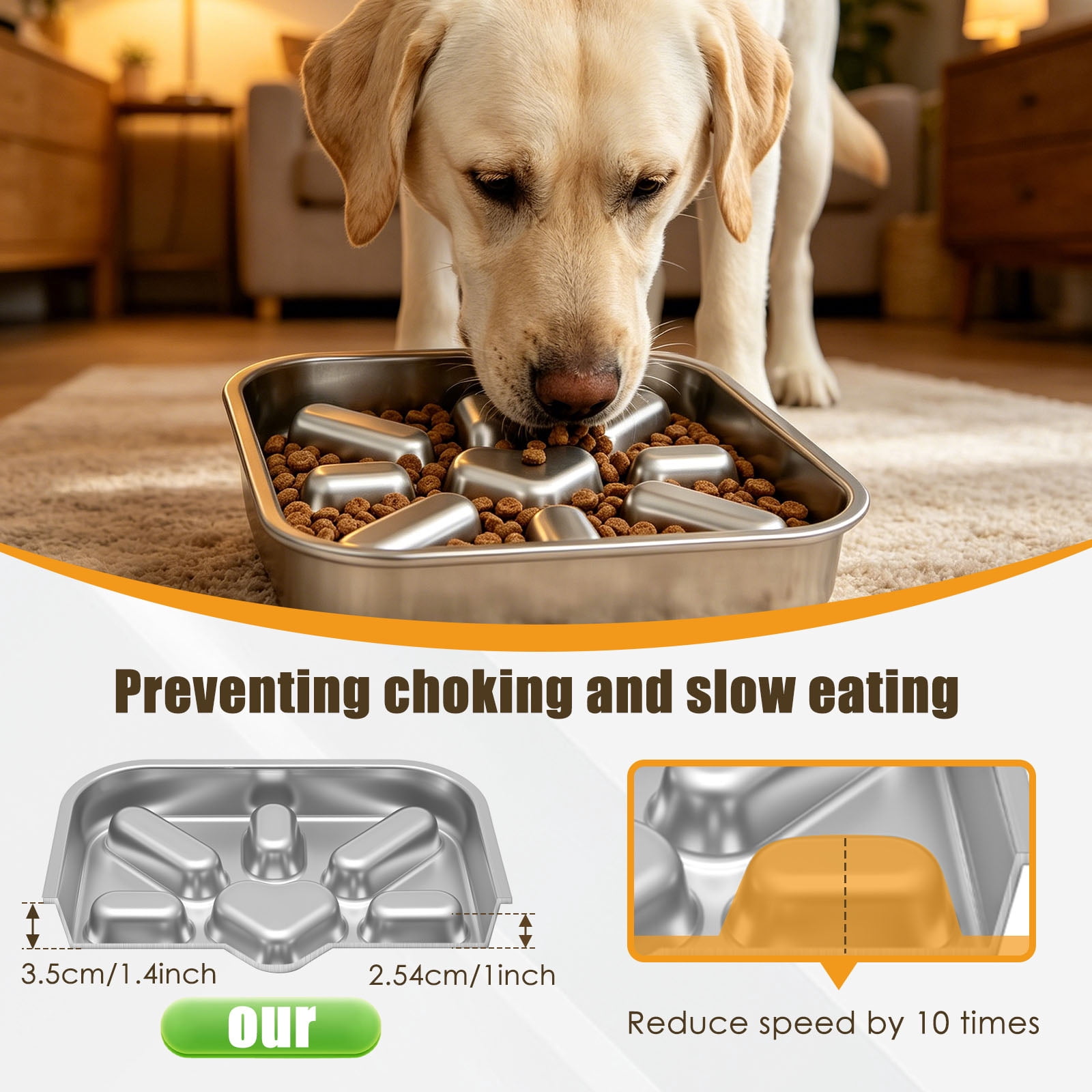 Stainless Steel Slow Feeder Dog Bowl Large and Medium Breed Non Slip Base Deep Ridges to Slow Eating Dishwasher Safe Chew Proof and Rustproof Silver