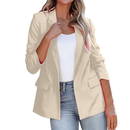 

koaiezne Women Fashion Casual Solid Long Sleeve Open Front Notched Collar Suit Cardigan Office Ladies Jacket Coat Womens Button down Tunic Shirts Womens Pajama Shirts with Sayings