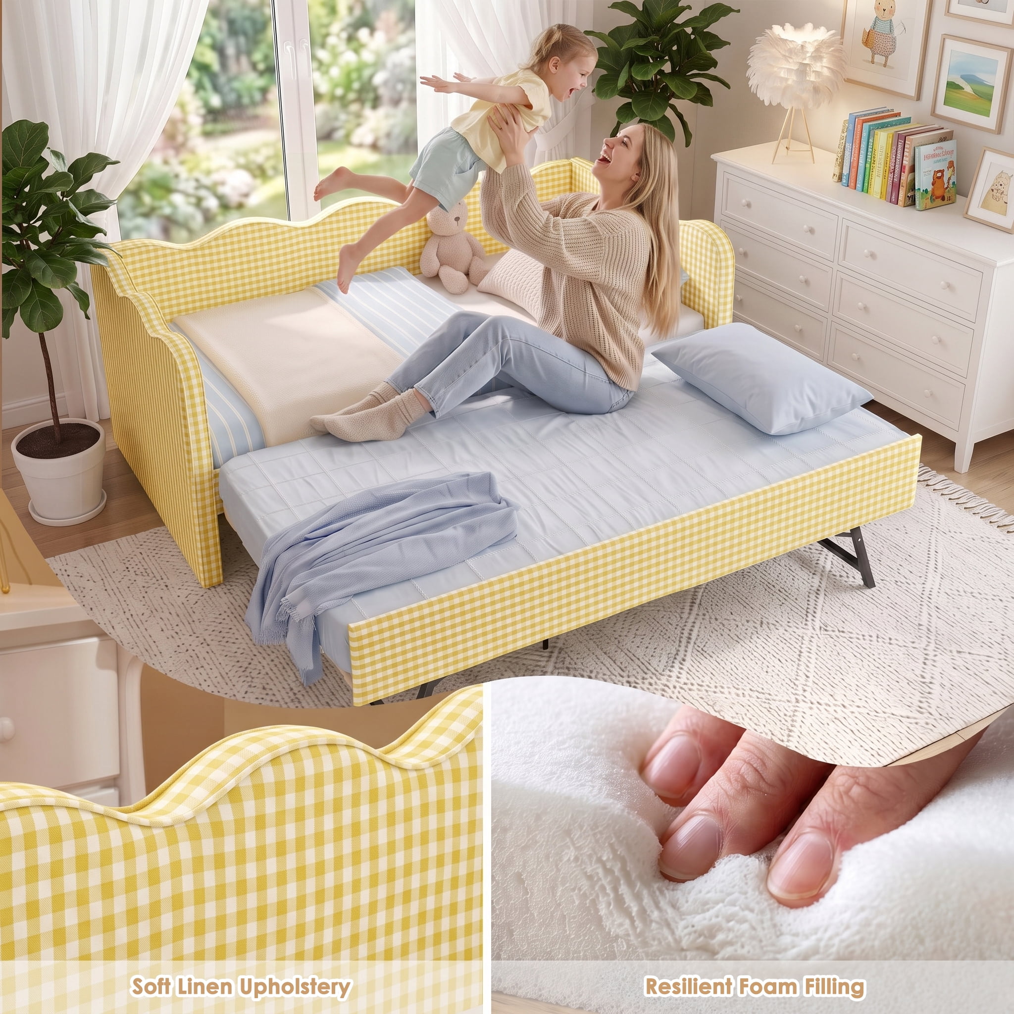 avobird Cozy Gingham Daybed with Trundle Twin Size Sofa Bed for Living Room, Sleeper Sofa with USB Port and Adorable Wave Shaped, Linen Fabric, Yellow