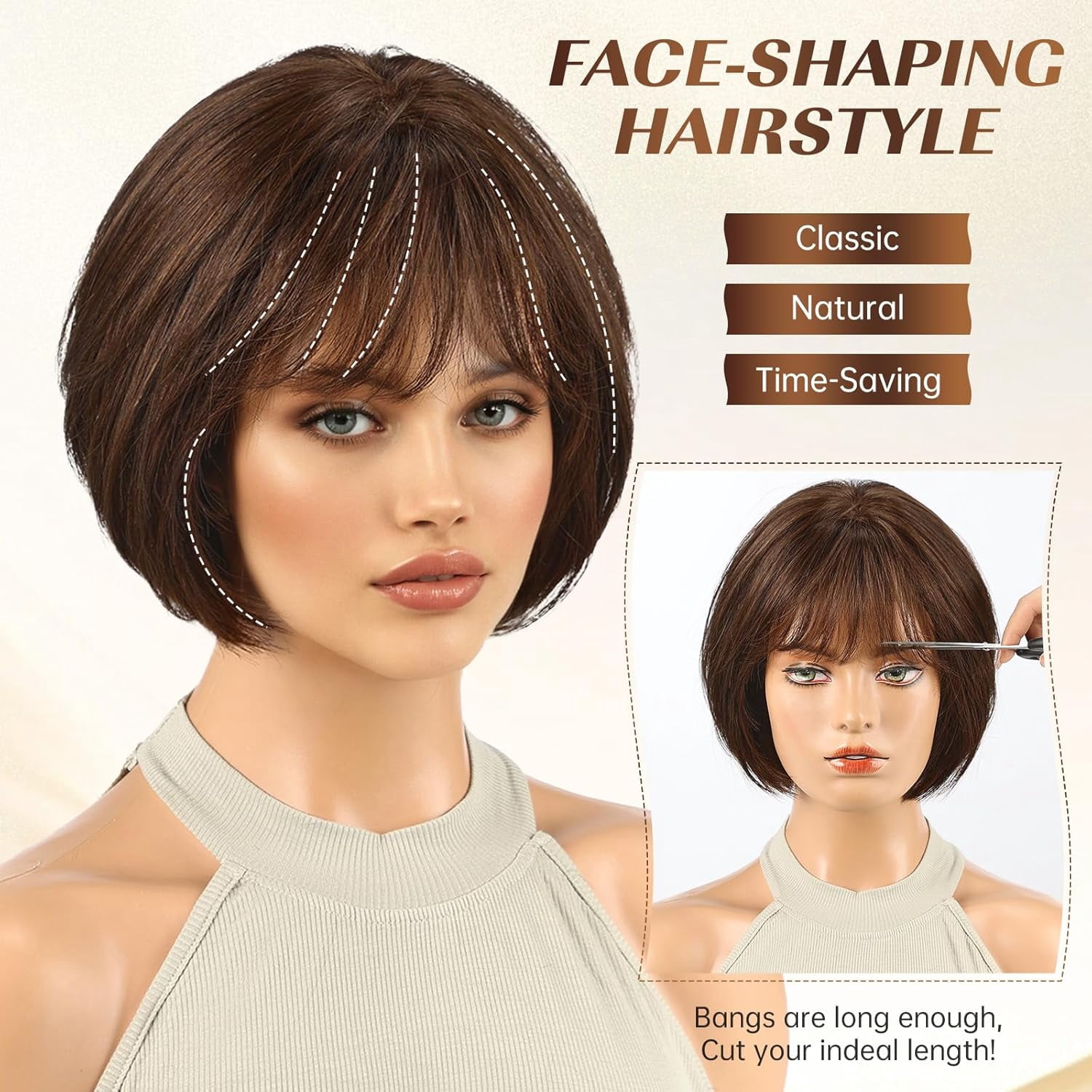 DOPI 10 Inch Brown Mixed Blonde Wigs Human Hair for Women, Remy Human Hair Wigs, Human Hair Wigs with Bangs