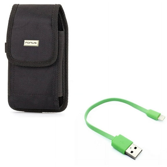 Short USB Cable w Case Belt Clip for iPhone 8/7/6S/6 - Charger Cord Power Wire Fast Charge, Rugged Holster Canvas Cover Pouch for iPhone 8/7/6S/6 Models