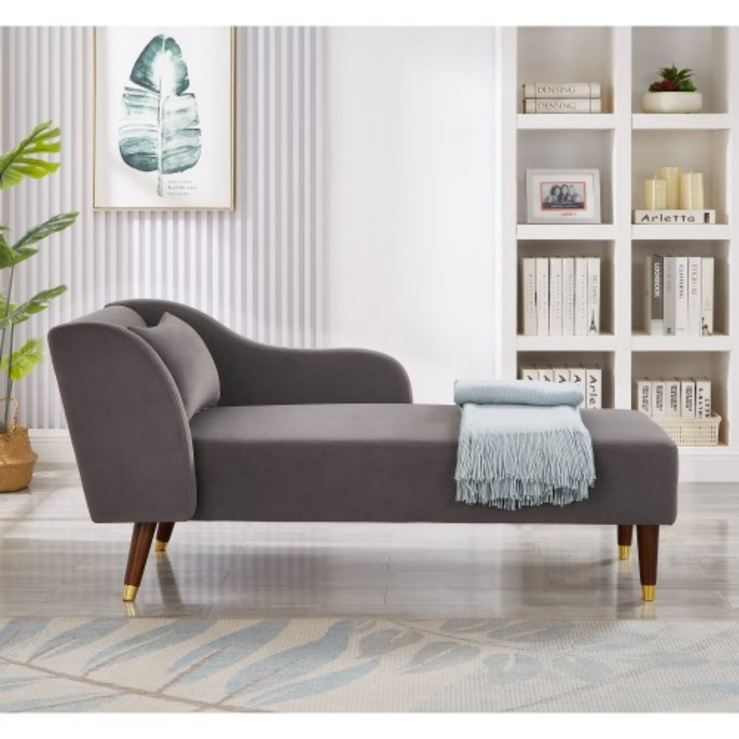 Velvet Chaise Lounge Chair, Modern Upholstered Accent Sofa with Curved Armrests, Solid Wood Legs & Pillow, Luxury Lounge Chair for Living Room, Bedroom, Reading Nook, Grey