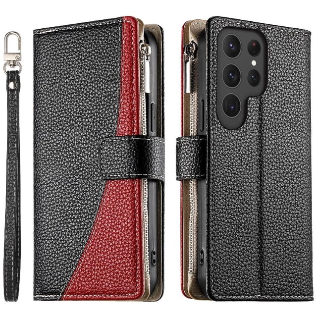 Funda cartera GANGXUN para Samsung Galaxy S24 Ultra , cuero PU con tarjetero, cremallera, correa de mano, soporte y protección 889°