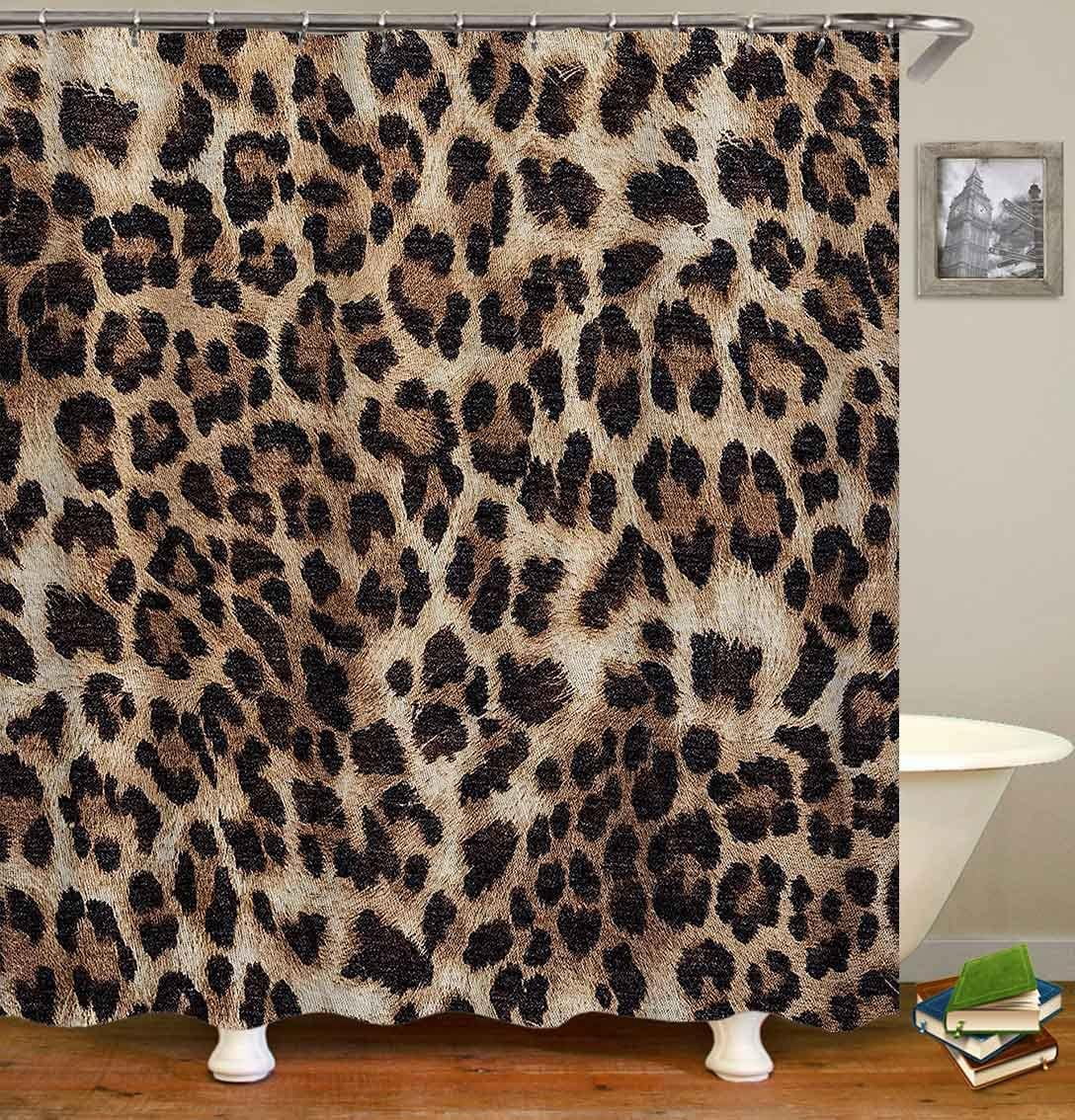 4PCS Cute Leopard Shower Curtain Set, Pink Rose Peony Floral Plant Cheetah Cow Print African Wildlife Safari Animal Bathroom Decor, Waterproof Fabric Shower Curtain, Non-Slip Bath Mat