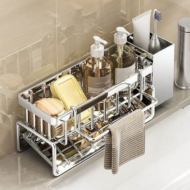 YIMWNYI Kitchen Sink Rack, Multifunctional Storage Organizer, Dishwashing Rack with Towel Hanging Rod, Automatic Drainage, Stainless Steel, Countertop Storage Solution, Sink Accessories