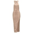 thumbnail image 4 of Sequin Halter Dress, Sleeveless Bodycon Gown with High Slit and Bow Detail, Glamorous New Year's Eve Dress for Club, Prom, and Gala Events Champagne S, 4 of 5