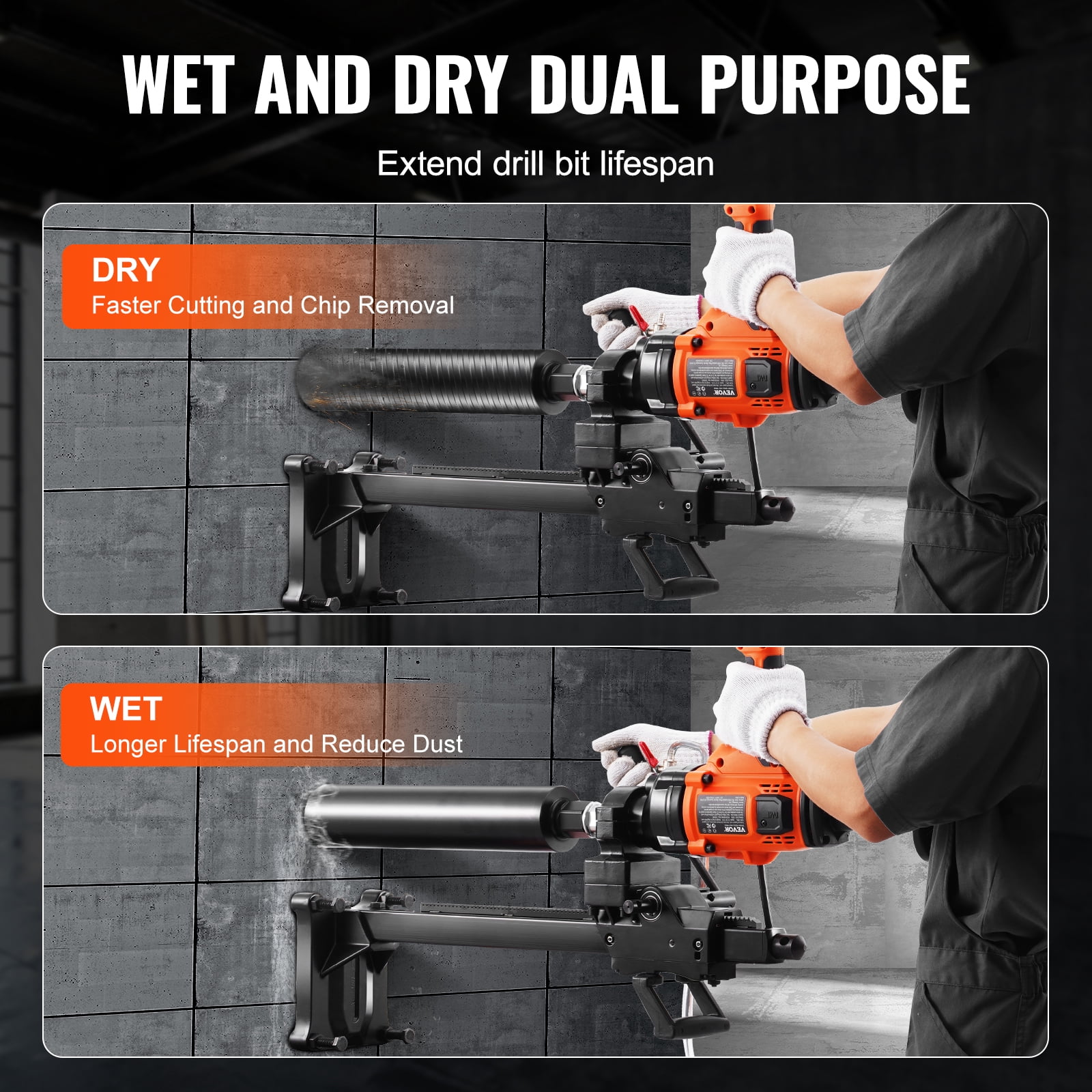 VEVOR Core Drill Machine, 0.8-6.3in Drilling Diameter Handheld Diamond Core Drill Rig with Stand and Core Drill Bit, 2000W Rugged Concrete Core Drill, Wet and Dry Use, For Concrete, Brick, Marble