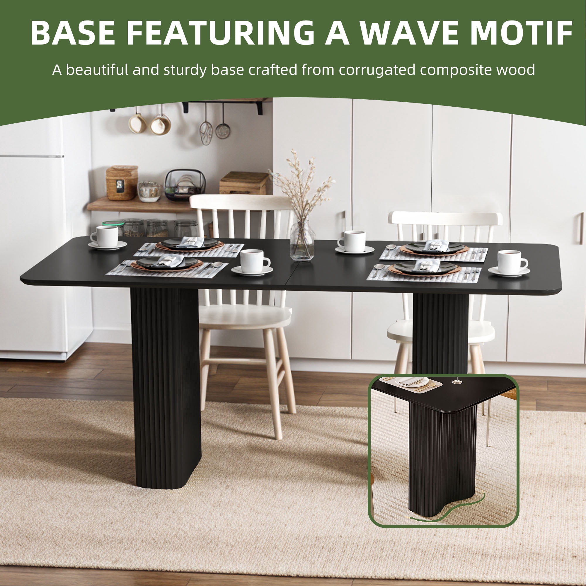 Uforic 63" Modern Dining Table with Curved Wave Legs, Rectangular Kitchen Table for 4-6 Person,Black