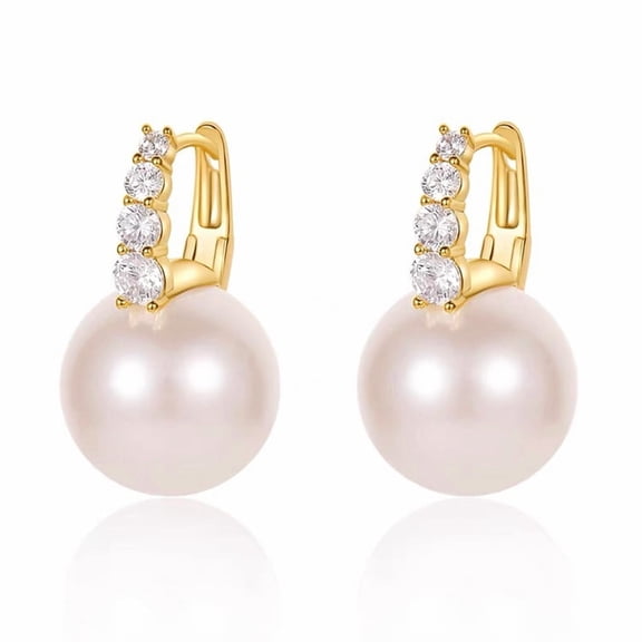 Big Pearl Hoop Earrings for Women Trendy, Cubic Zirconia White Pearl Drop Earrings, 18K Gold Plated Shell Pearl Dangle CZ Earring Jewelry for Birthday Anniversary,12mm
