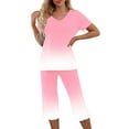 thumbnail image 5 of Feancey Cozy Pajama Sets for Women 2 Piece Loungewear Trendy Gradient Print Lounge Set Short Sleeve V Neck Tops and Capri Pant Sleepwear Two Piece Holiday Sales Today Pink M, 5 of 9