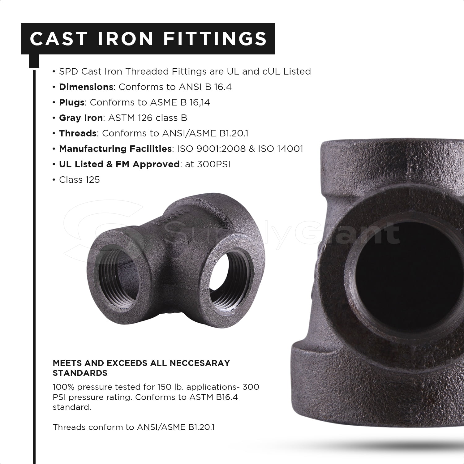 Supply Giant 1-1/2" x 1" x 1" BLack Pipe Fitting Reducing Tee Cast Iron