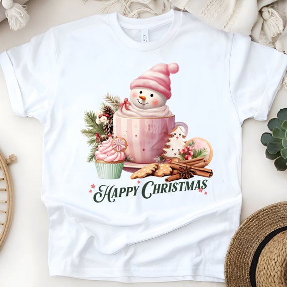 Happy Christmas T-Shirt | Cute Snowman in Mug Holiday Graphic Tee, White, Size S