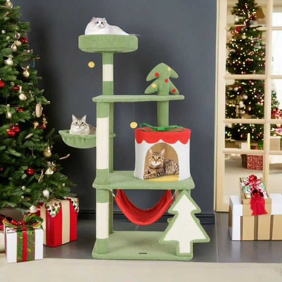 Pefilos 52" Cute Christmas Cat Tree with Sisal Scratching Posts and Board, Multi-Level Cat Tower with Gift Box Shaped Condo, Kittens Play Activity Center, Green