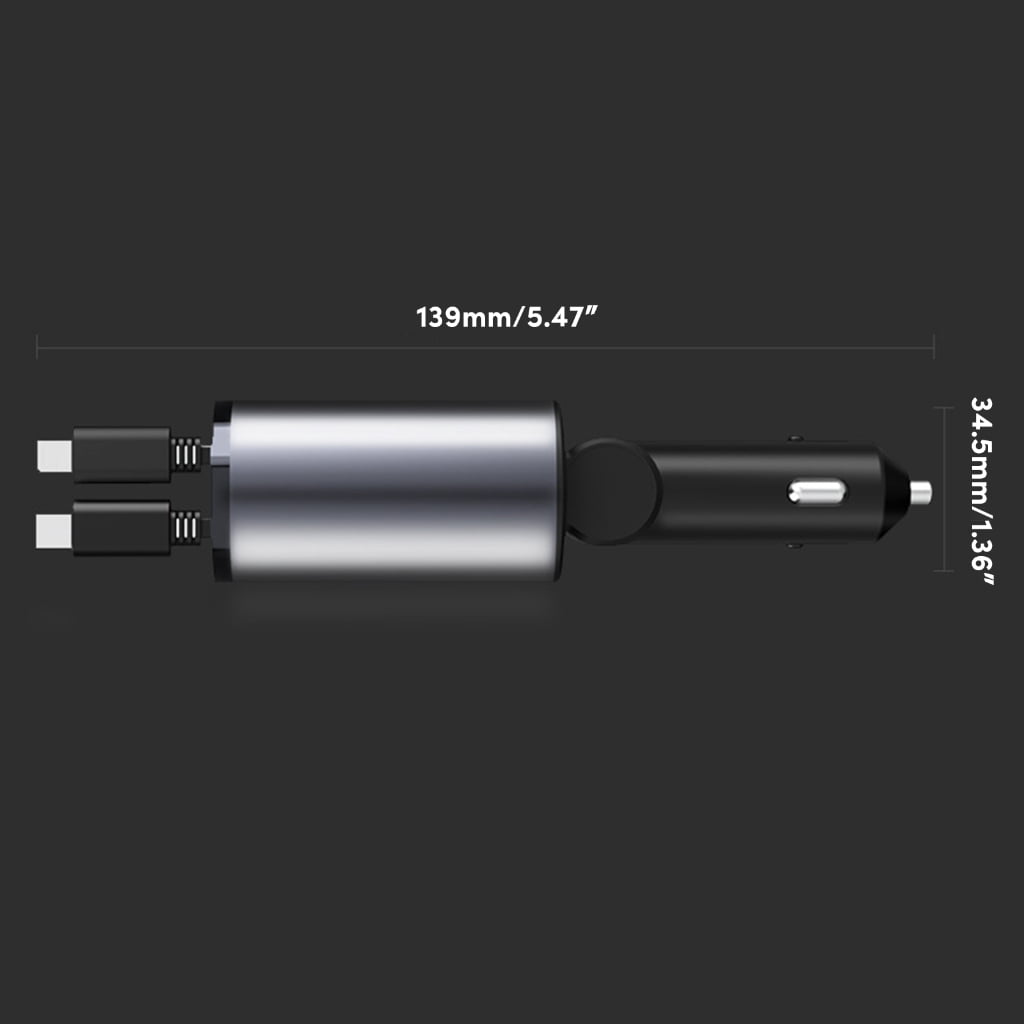 Retractable Cable 2 USB C Car Charging with Retractable Wire and Safe Charging
