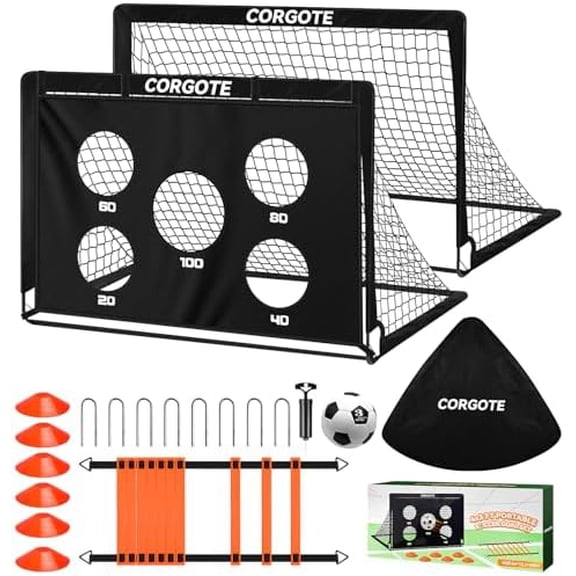 Backyard Set, 2 Pack of 4x3ft Soccer Net with Soccer Ball, Portable Kids Pop Up Soccer Net Training Equipment with Ladder, Cones, Targets, Soccer Gifts for Boys$$Sport & Recreation Other
