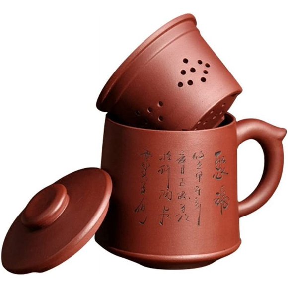 Yixing Zi Sha Tea Cup with Tea Strainer,Lid & Chinese Words Tea for One Handmade Ceramic Teapot,Purple Clay Tea Cup,21oz